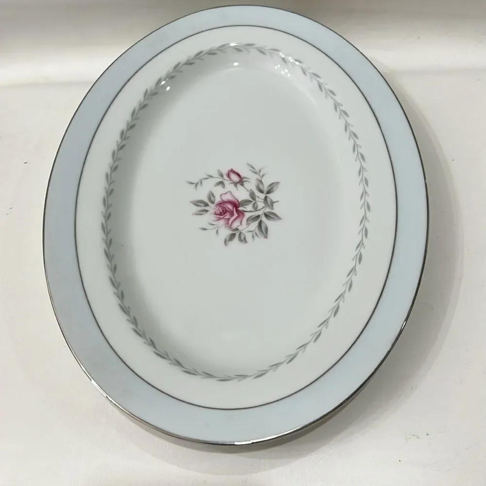 Regency Japan Oval Serving Platter Silver Trim Blue White Pink Rose Floral